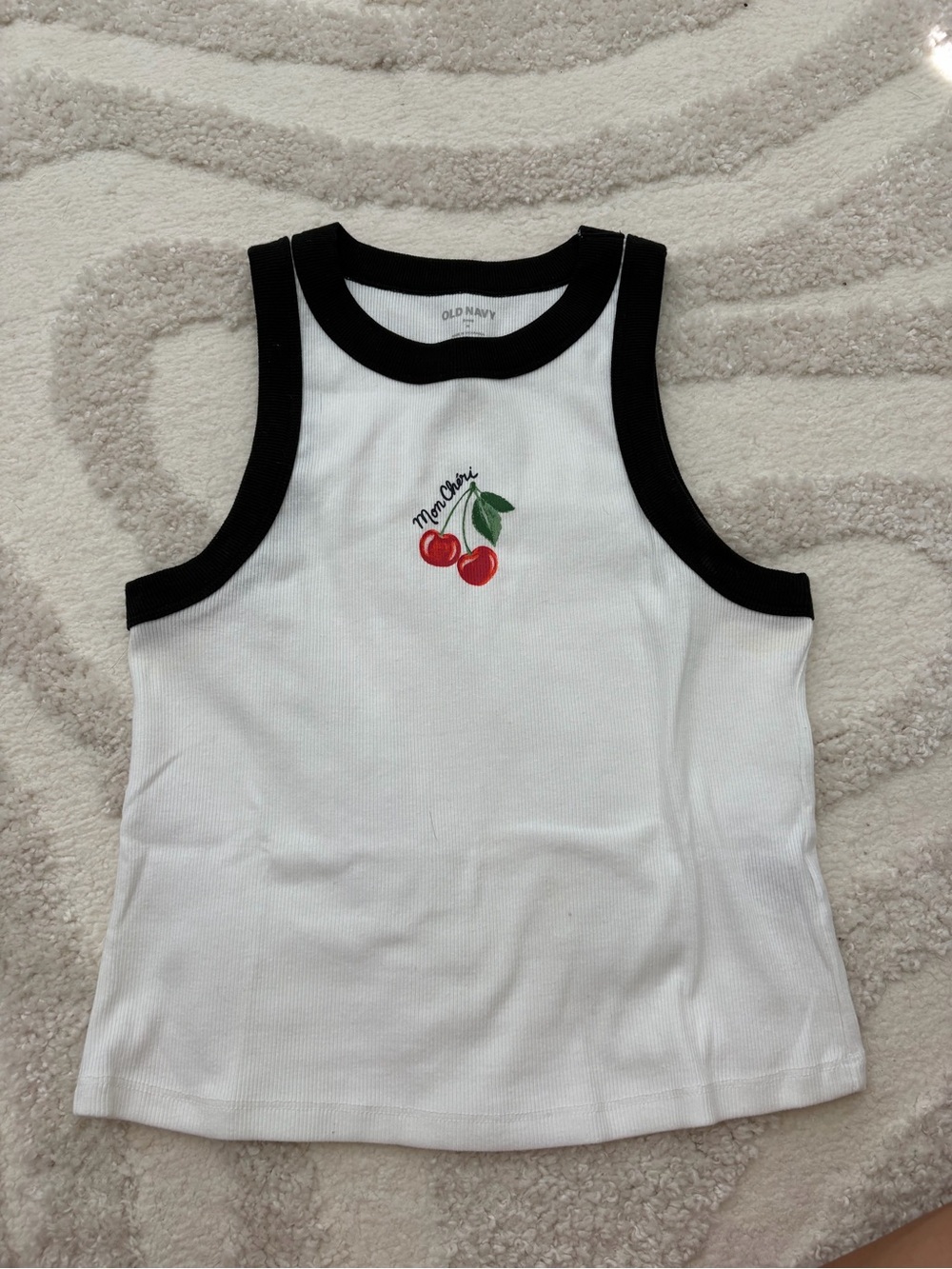 Old Navy White Tank Top with Black Trim and Red Cherry